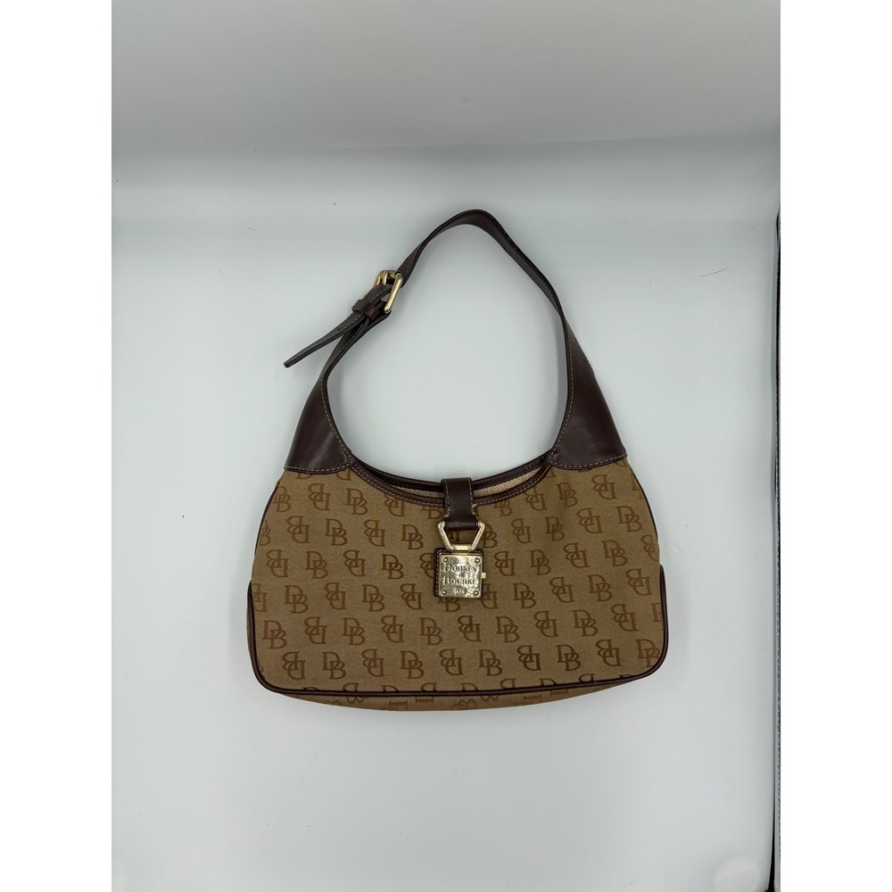 Dooney & Bourke Monogram Canvas Hobo Bag Brown Leather Trim Gold Padlock Clasp